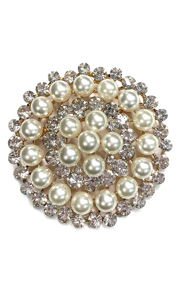 06670 Gold White Pearl / Clear Crystal Chunky Brooch