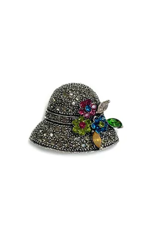 06687 Burnish Silver Black-Diamond Crystal Stone Hat Brooch