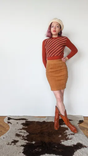 1990s Tan Leather Suede Pencil Skirt, sz. S