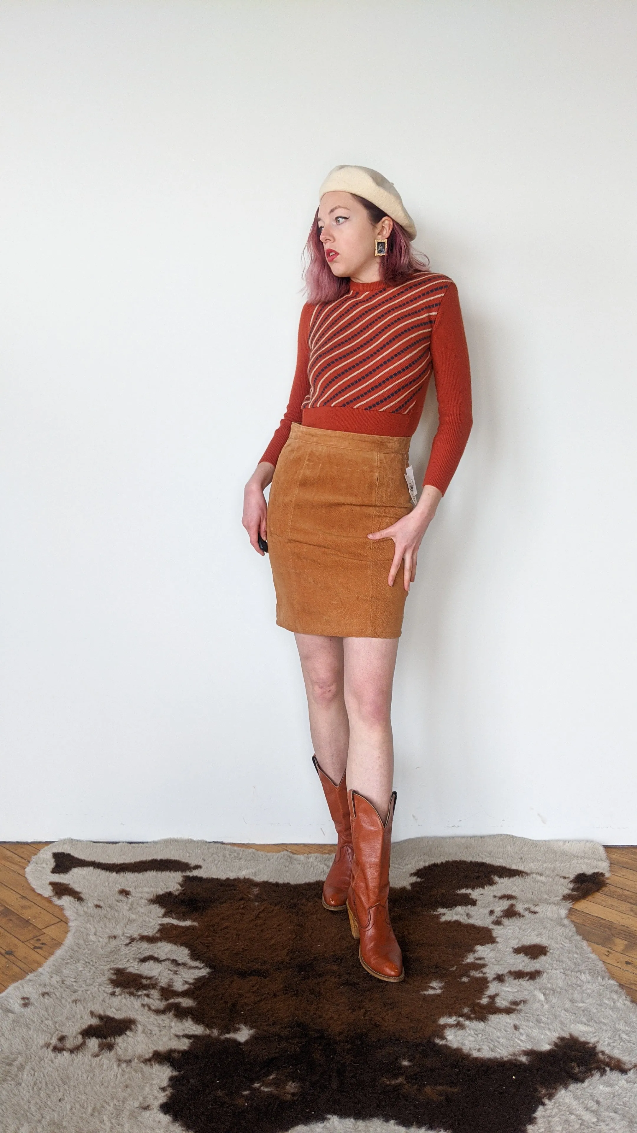 1990s Tan Leather Suede Pencil Skirt, sz. S