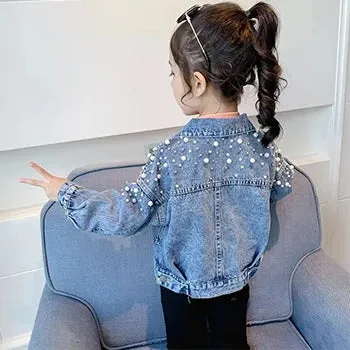 2024 New Fashion Pearls Beading Denim Jacket For Girls Coat Spring Autumn Children's Outerwear 3-10 Years Teenage Girls Clothes