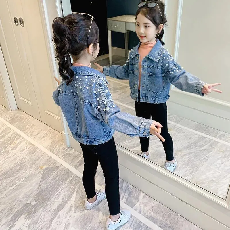 2024 New Fashion Pearls Beading Denim Jacket For Girls Coat Spring Autumn Children's Outerwear 3-10 Years Teenage Girls Clothes