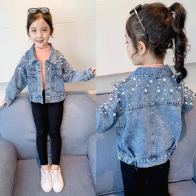 2024 New Fashion Pearls Beading Denim Jacket For Girls Coat Spring Autumn Children's Outerwear 3-10 Years Teenage Girls Clothes