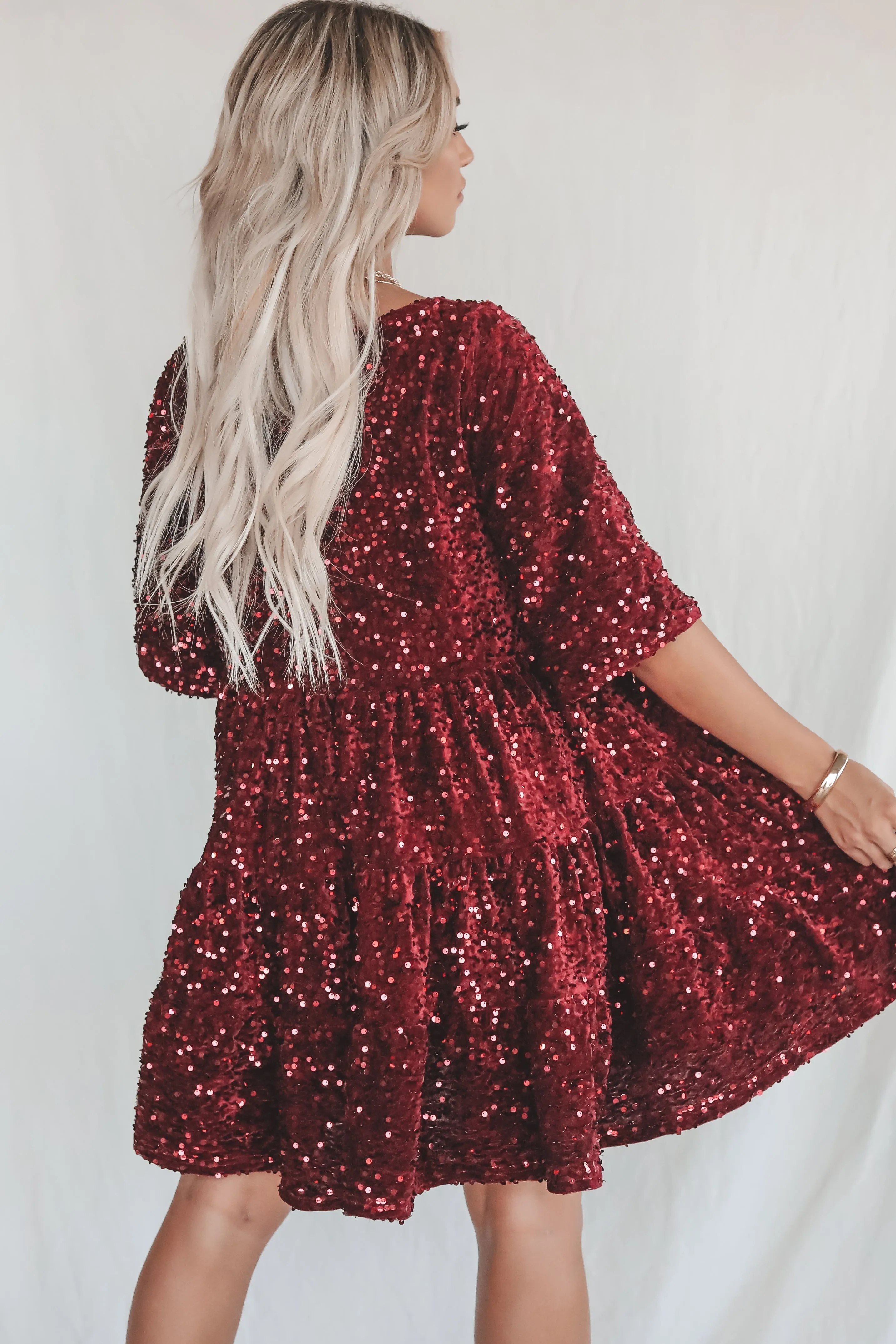 A Velvet Queen Sequin Burgundy Babydoll Dress