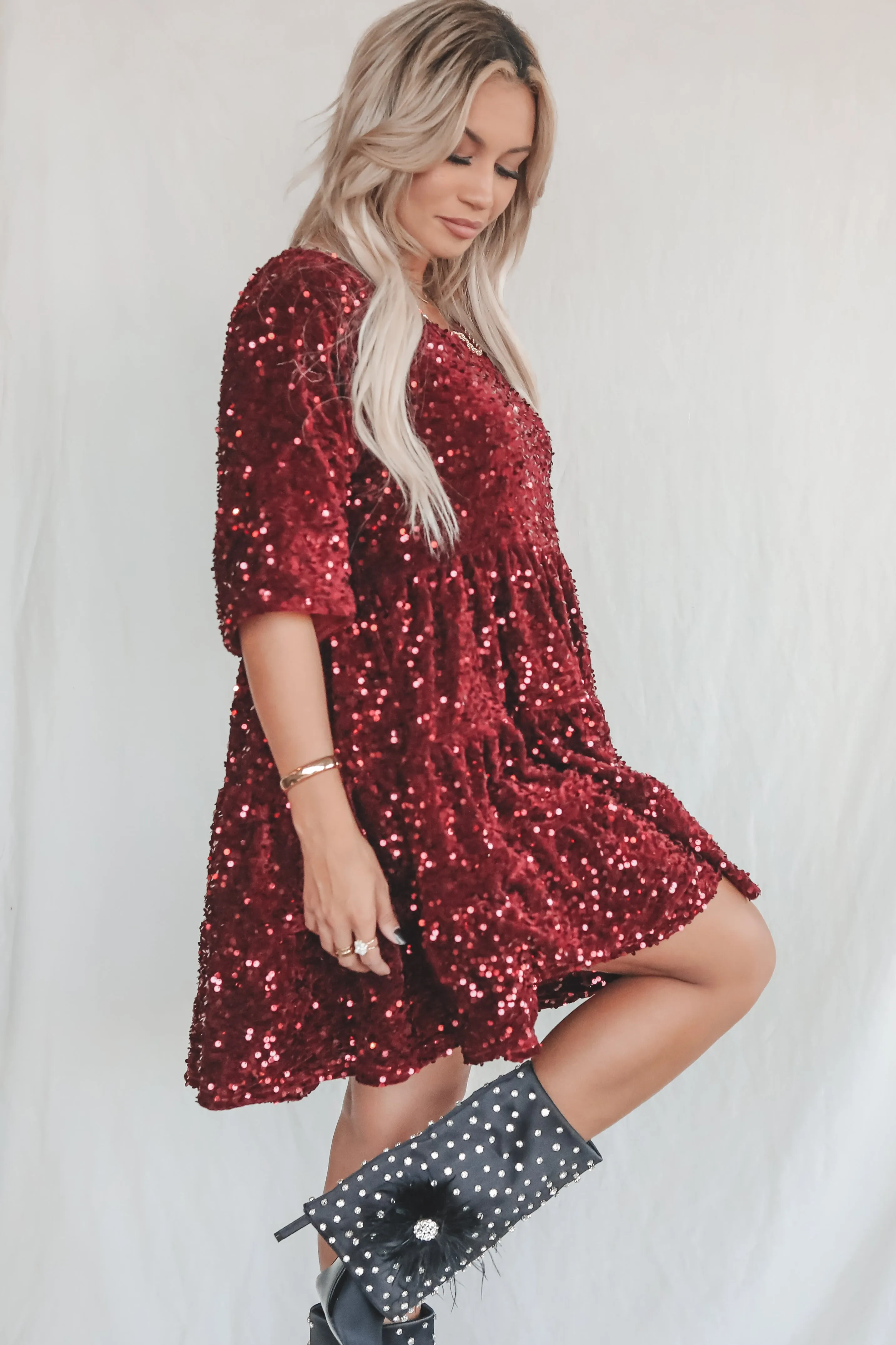 A Velvet Queen Sequin Burgundy Babydoll Dress