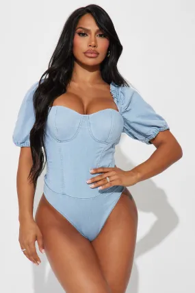 Always Over Dramatic Denim Bodysuit - Light Wash