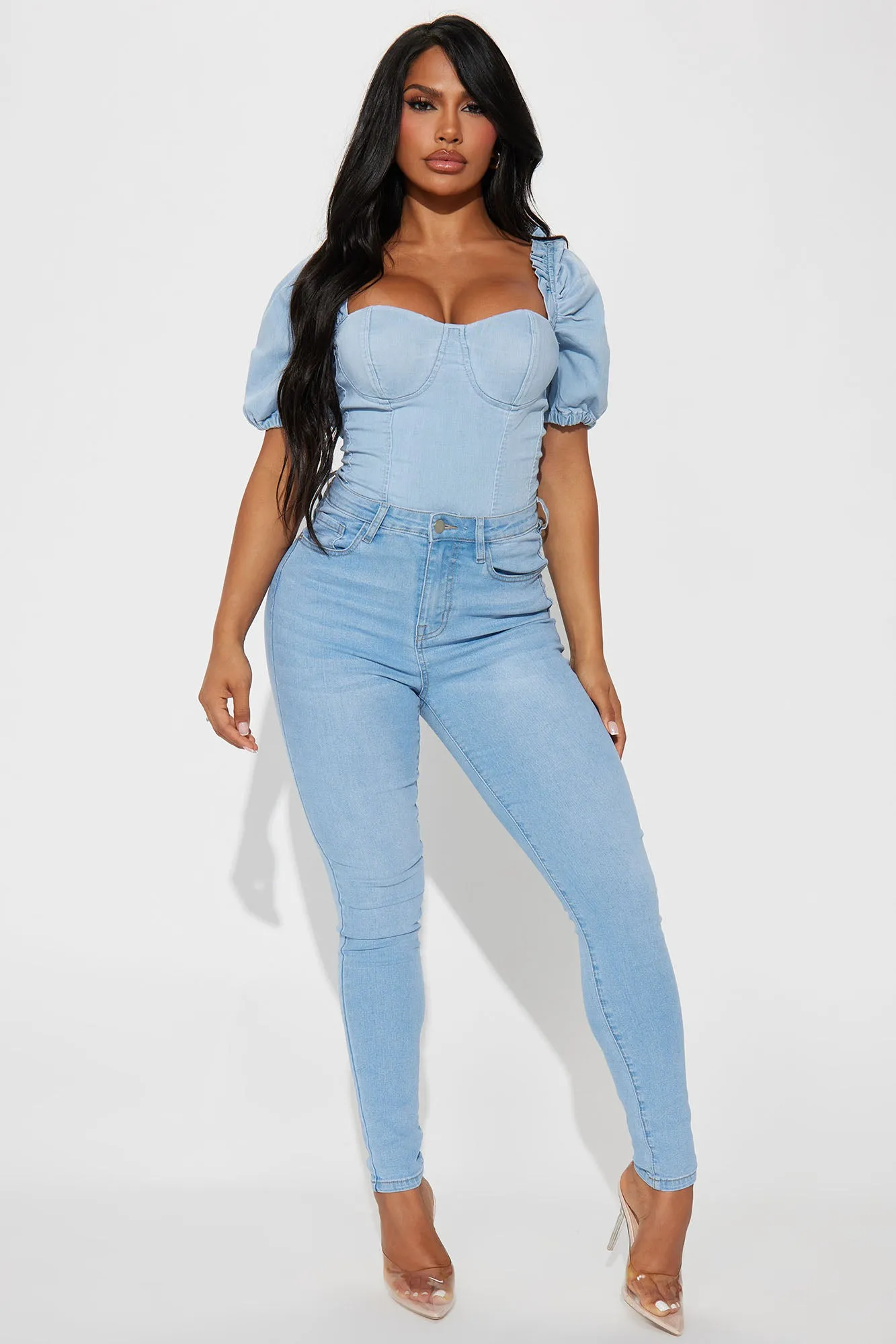 Always Over Dramatic Denim Bodysuit - Light Wash