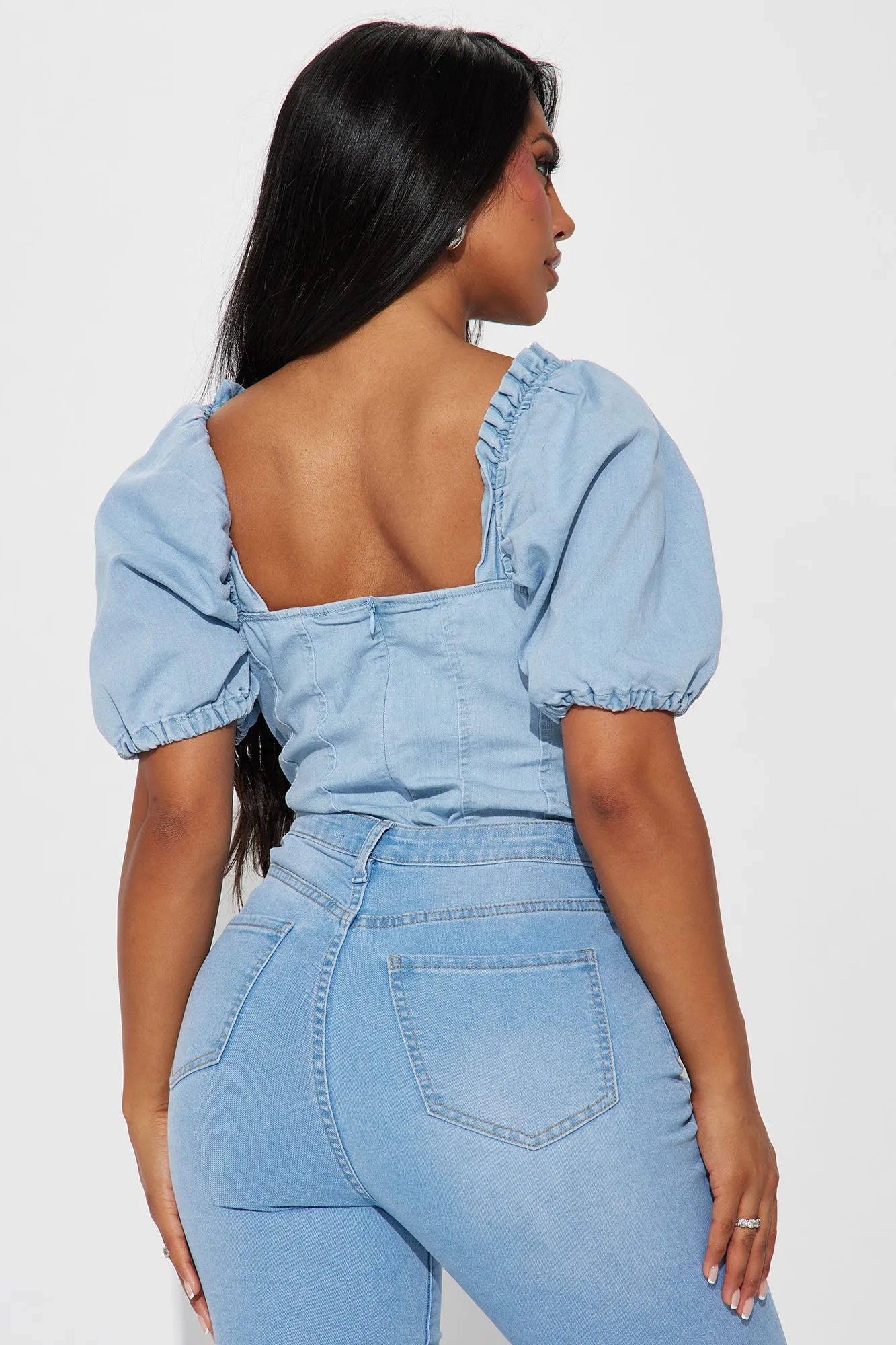 Always Over Dramatic Denim Bodysuit - Light Wash