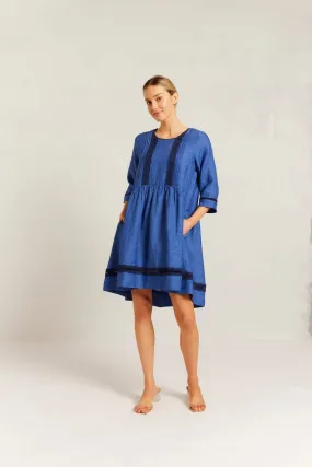 Babydoll Lace Linen Dress in Denim