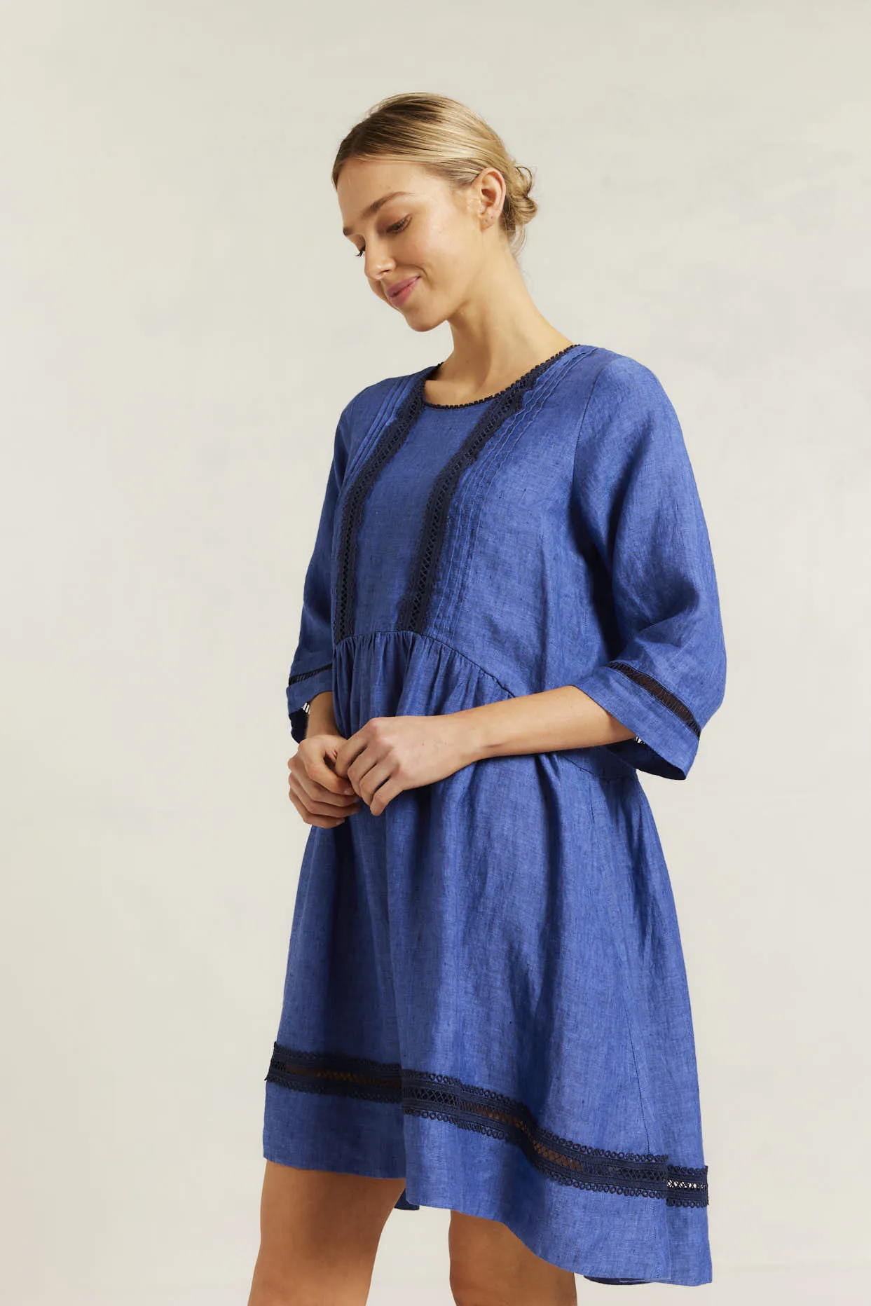 Babydoll Lace Linen Dress in Denim