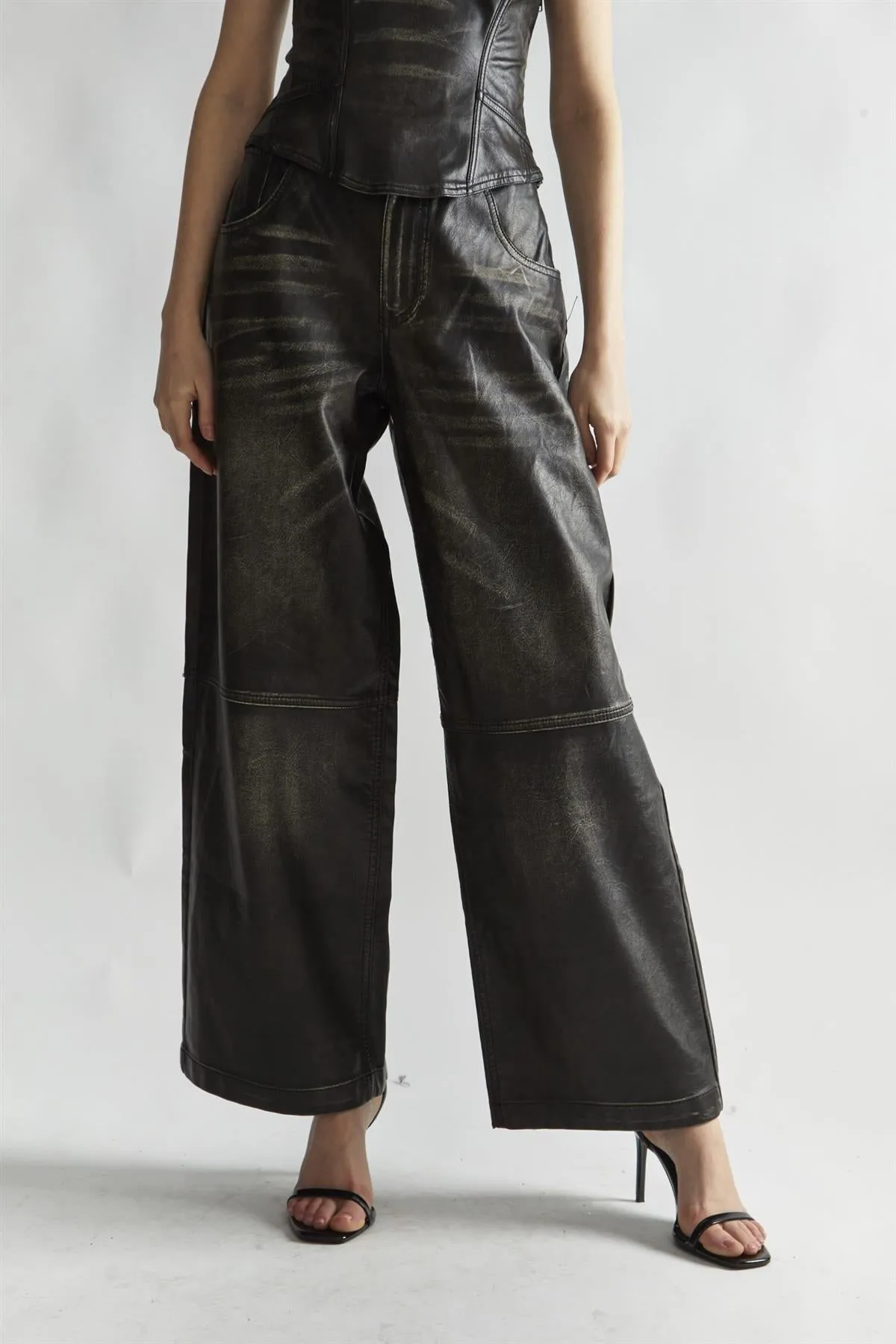 Black Distressed-PU Wide-Leg Trousers