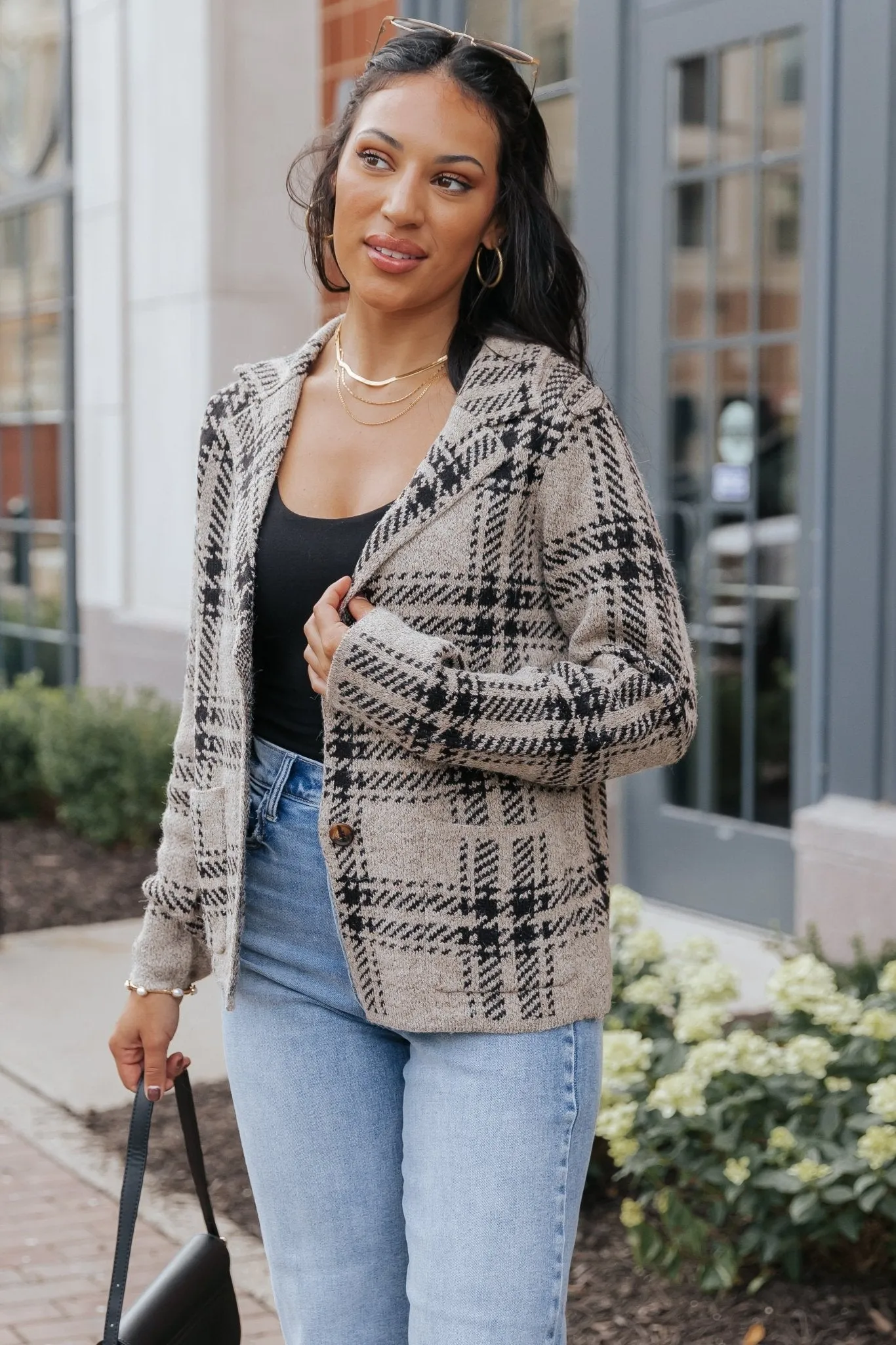 Black Plaid Button Up Sweater Jacket