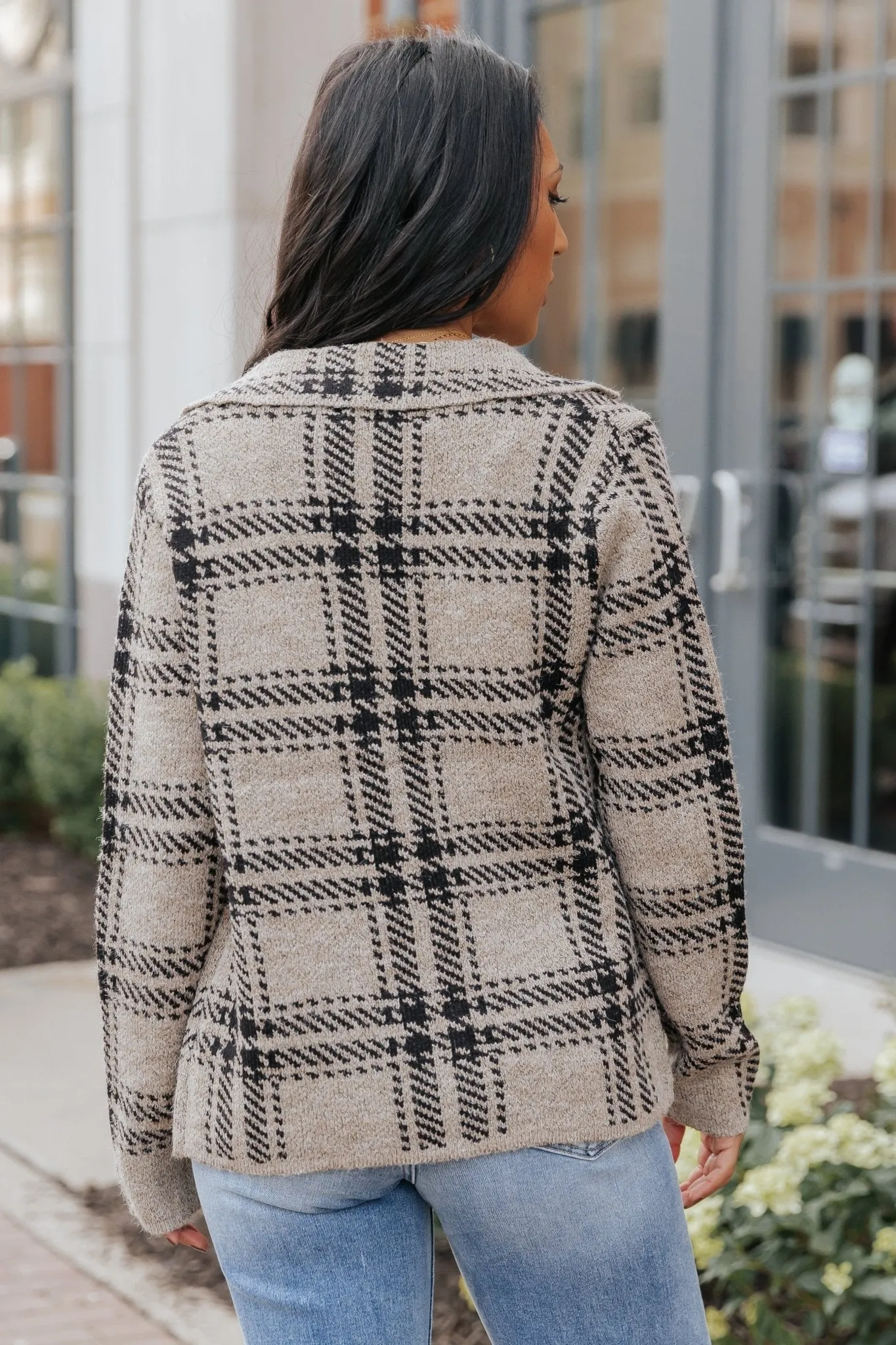 Black Plaid Button Up Sweater Jacket