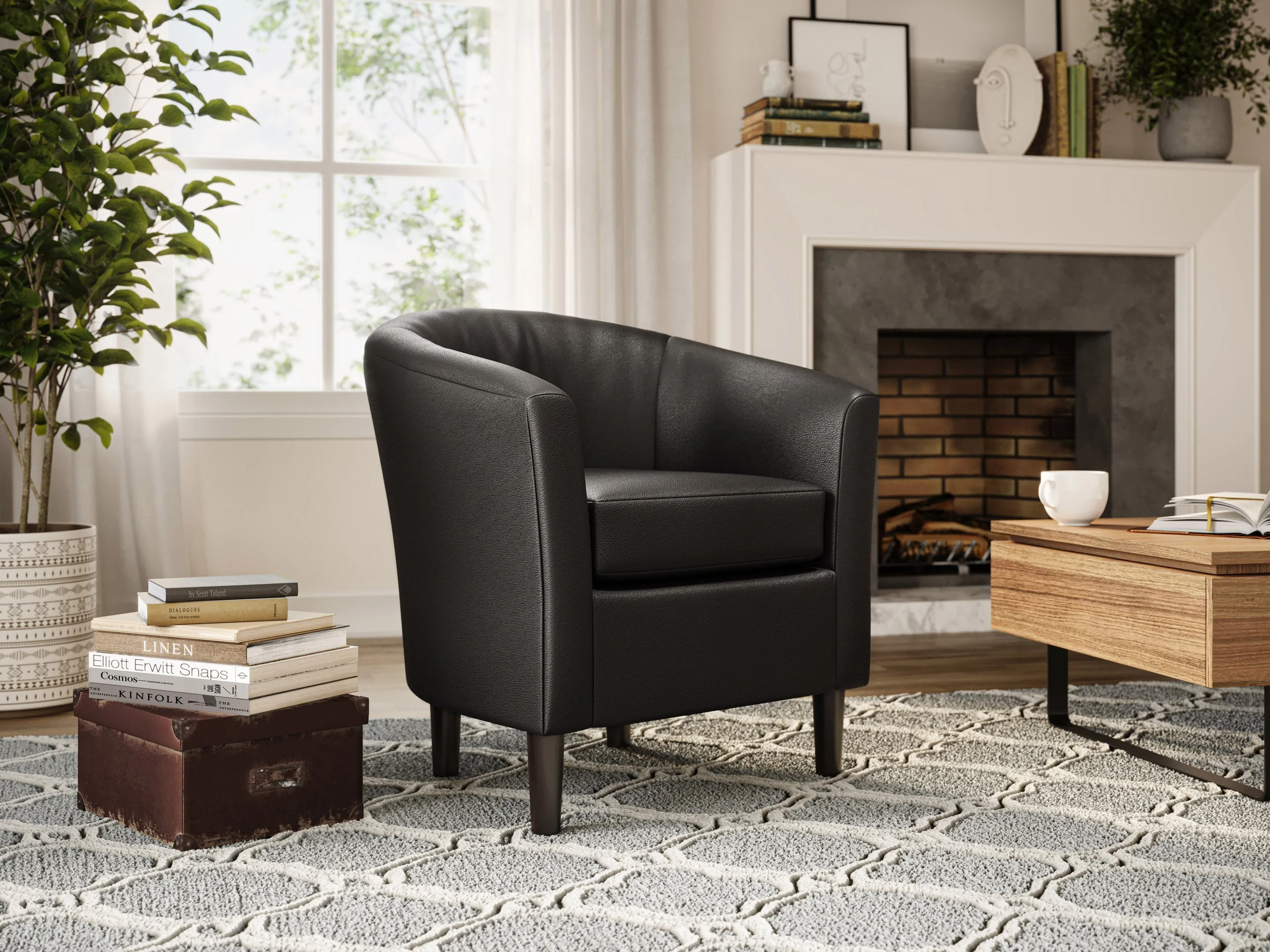 Black Vegan Leather Barrel Chair