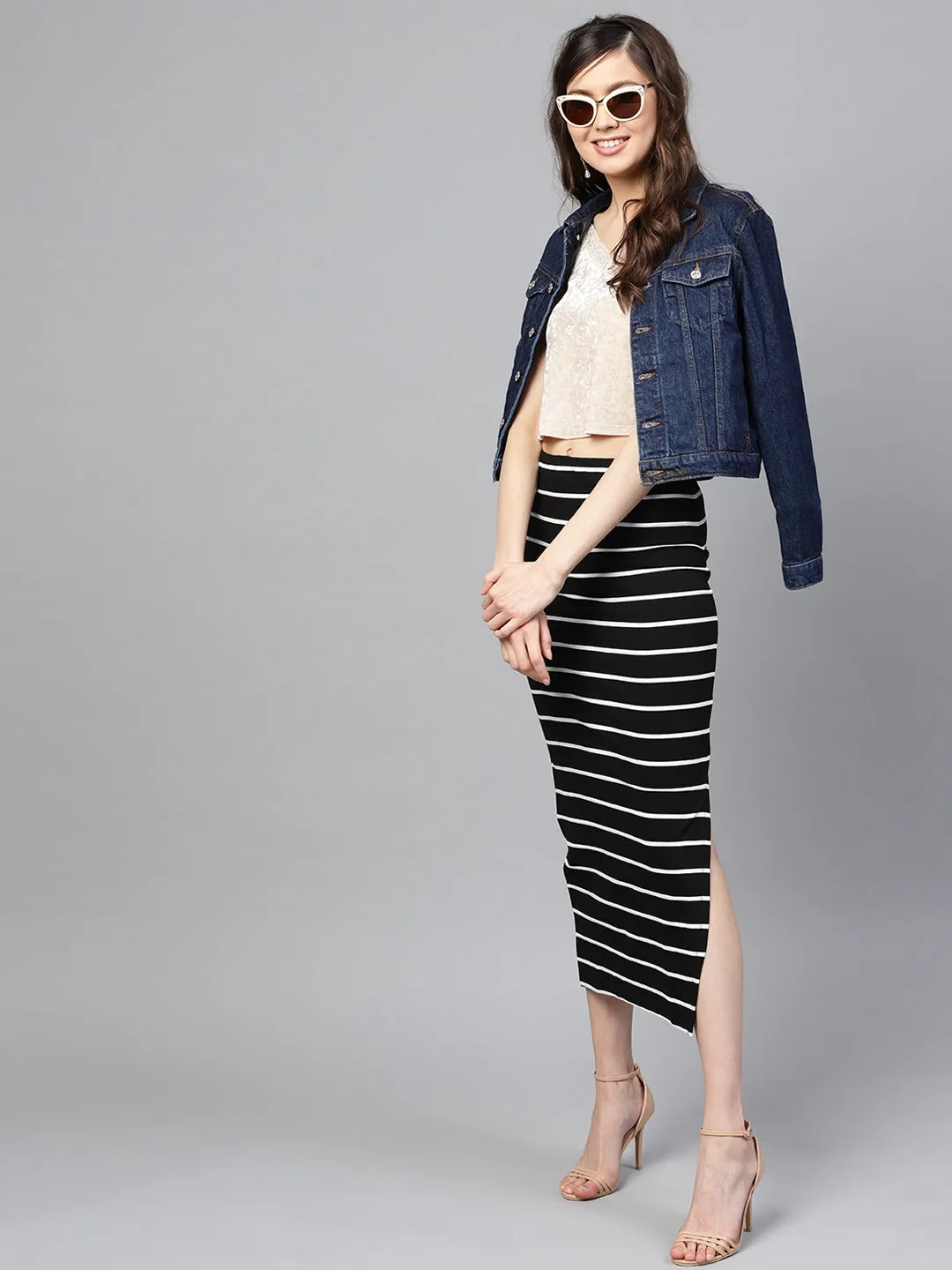 Black White Stripe Maxi Pencil Skirt