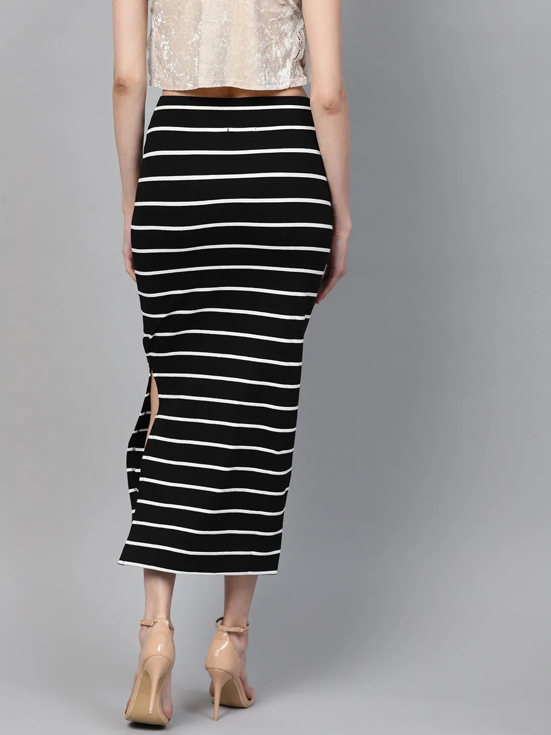 Black White Stripe Maxi Pencil Skirt