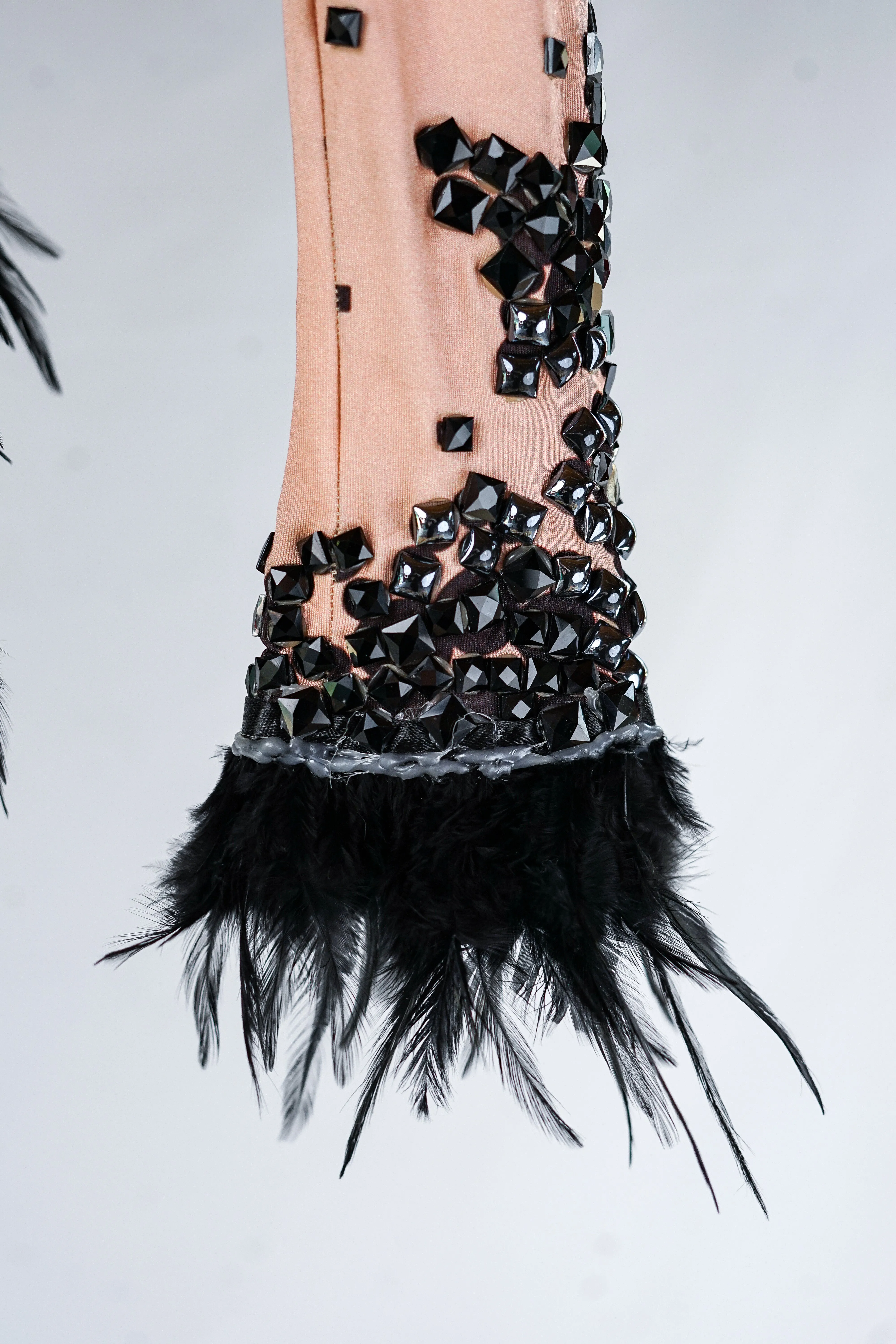 Bodycon Bodysuit with Black Crystals, Studs, and Feathers