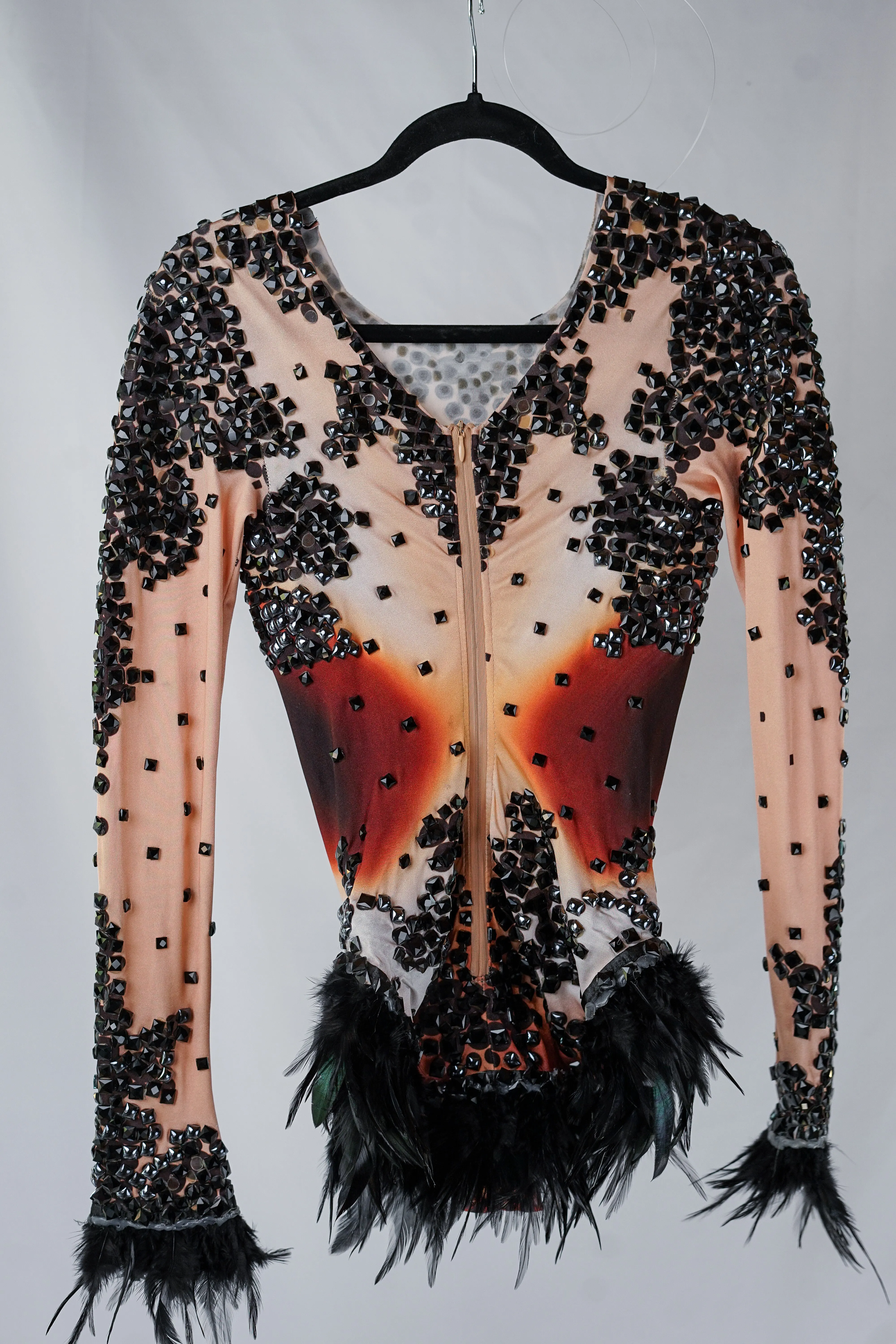 Bodycon Bodysuit with Black Crystals, Studs, and Feathers