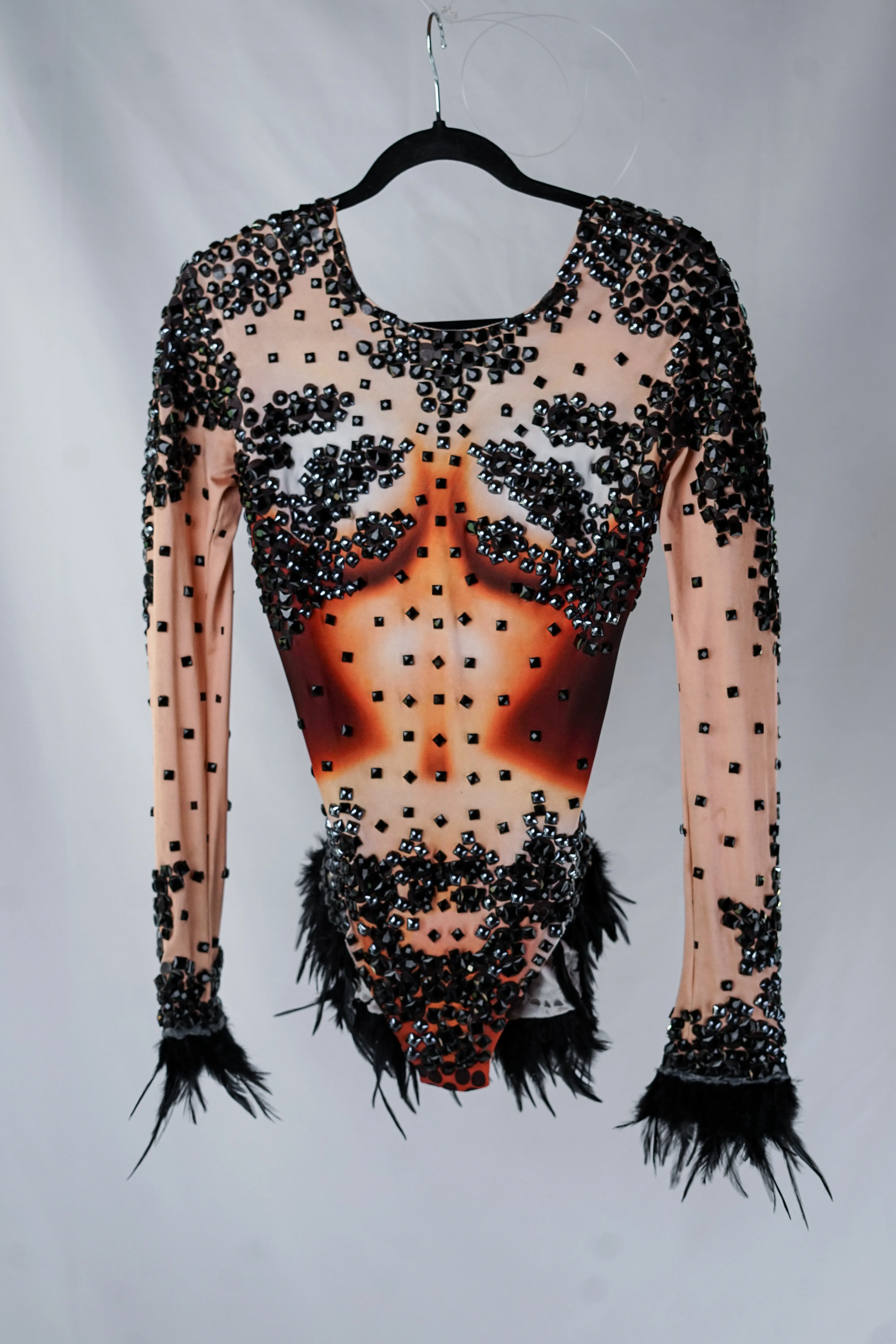 Bodycon Bodysuit with Black Crystals, Studs, and Feathers