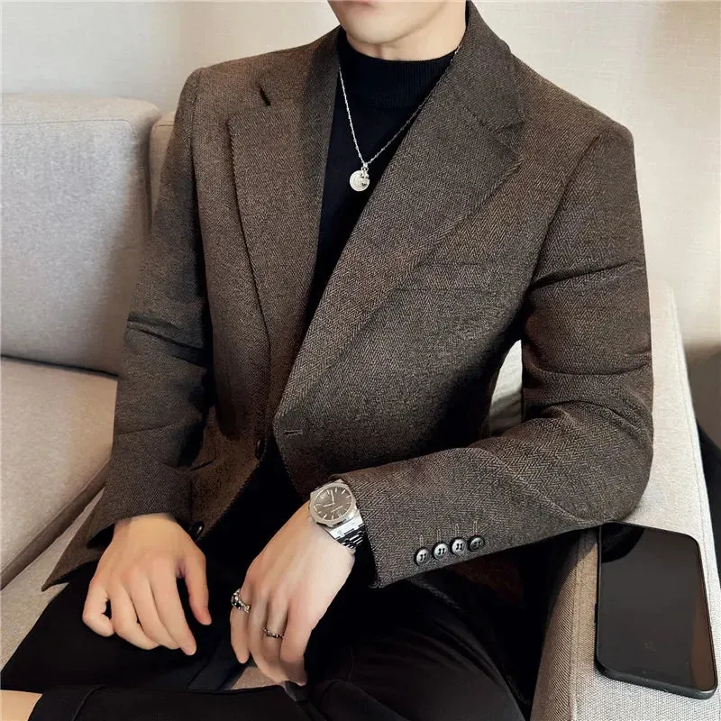 Bonsir Autumn Winter Thicke Woolen Suit Jacket Men Slim Fit Business Casual Suit Coat High Quality Fashion Men Wedding Social Tuxedo