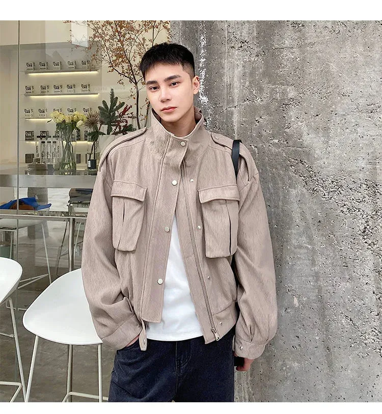 Bonsir -  Texture Spring Pleated Fabric Stand Collar Men's Short Coat New Fashion Three-dimensional Bag Korean Trendyjackets