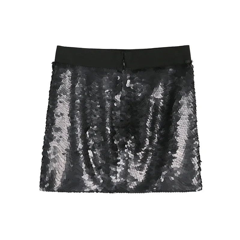 C104 Women silk fully sequinned party min skirt