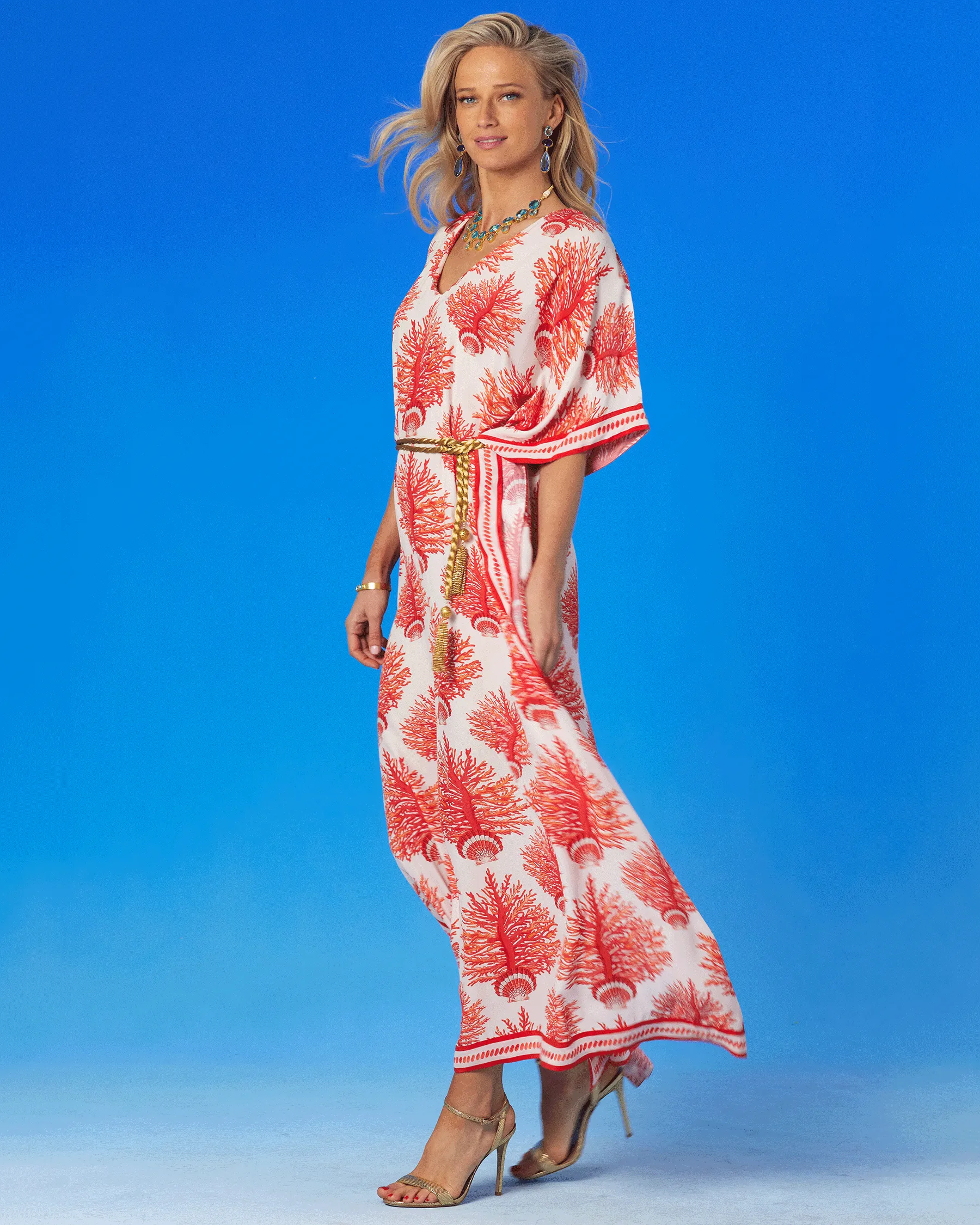 Carolina Kaftan in Red Coral and Seashell Motif