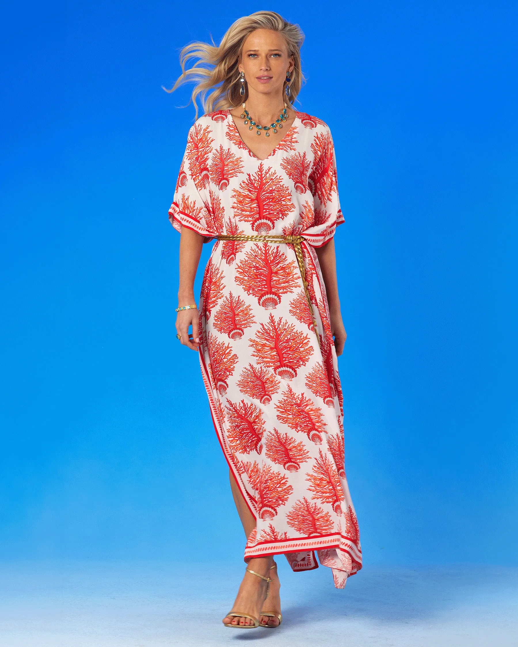 Carolina Kaftan in Red Coral and Seashell Motif