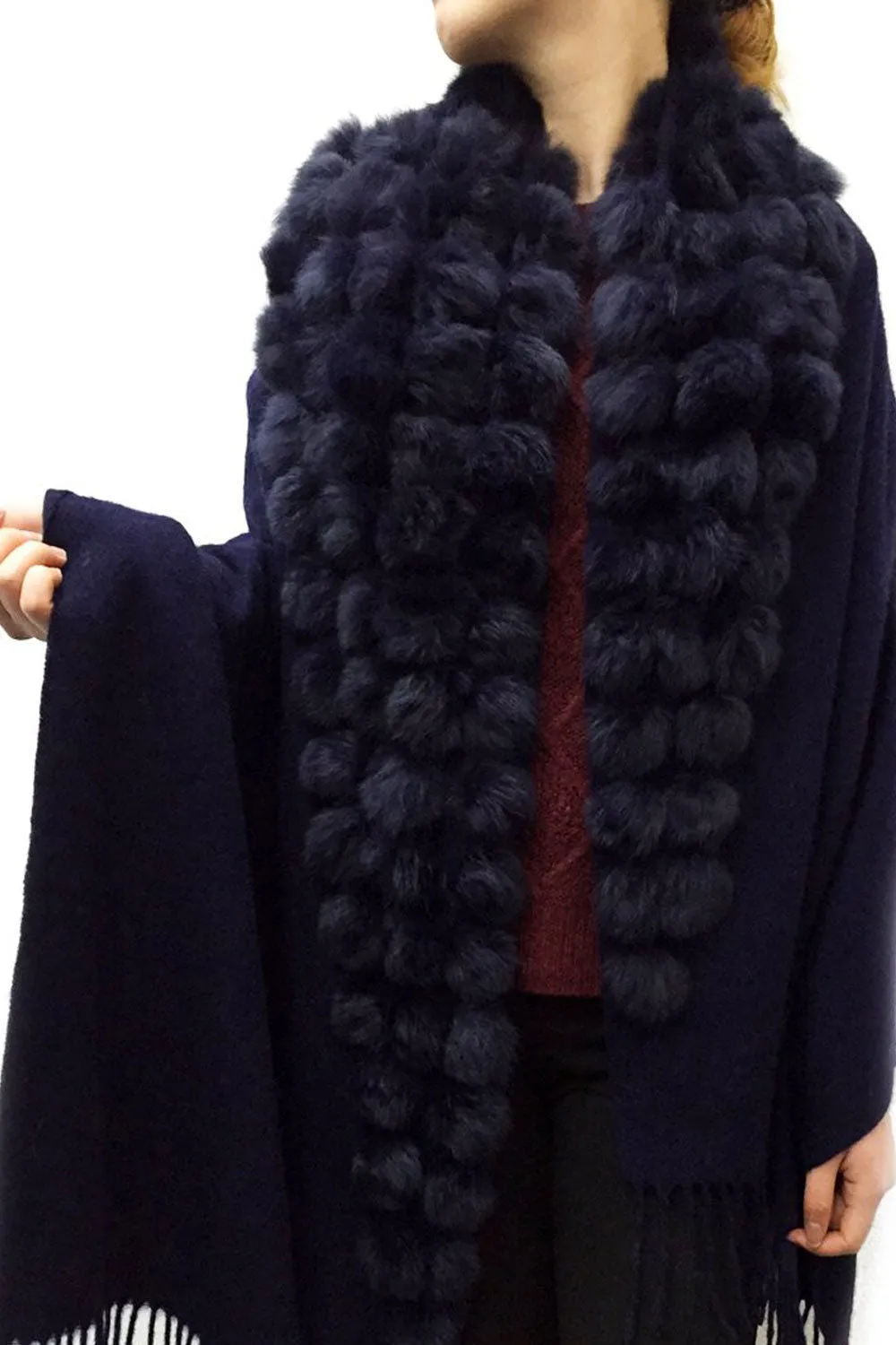 Cashmere & Wool Shawl With Multiple Fur Pom Poms