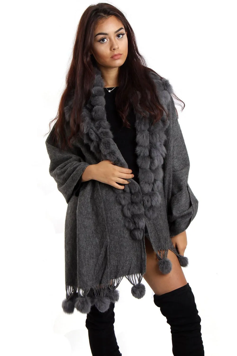 Cashmere & Wool Shawl With Multiple Fur Pom Poms