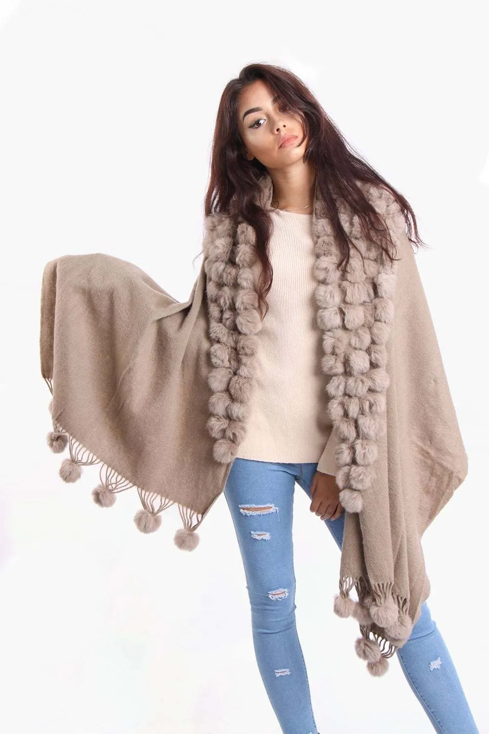 Cashmere & Wool Shawl With Multiple Fur Pom Poms