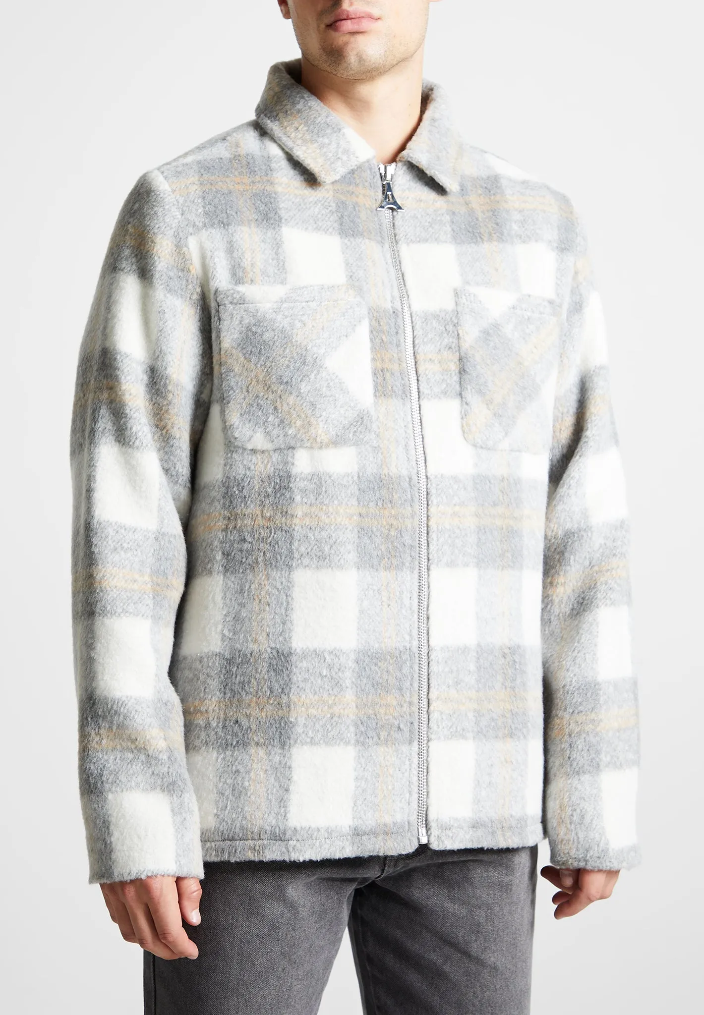 Checked Wool Shacket - Grey