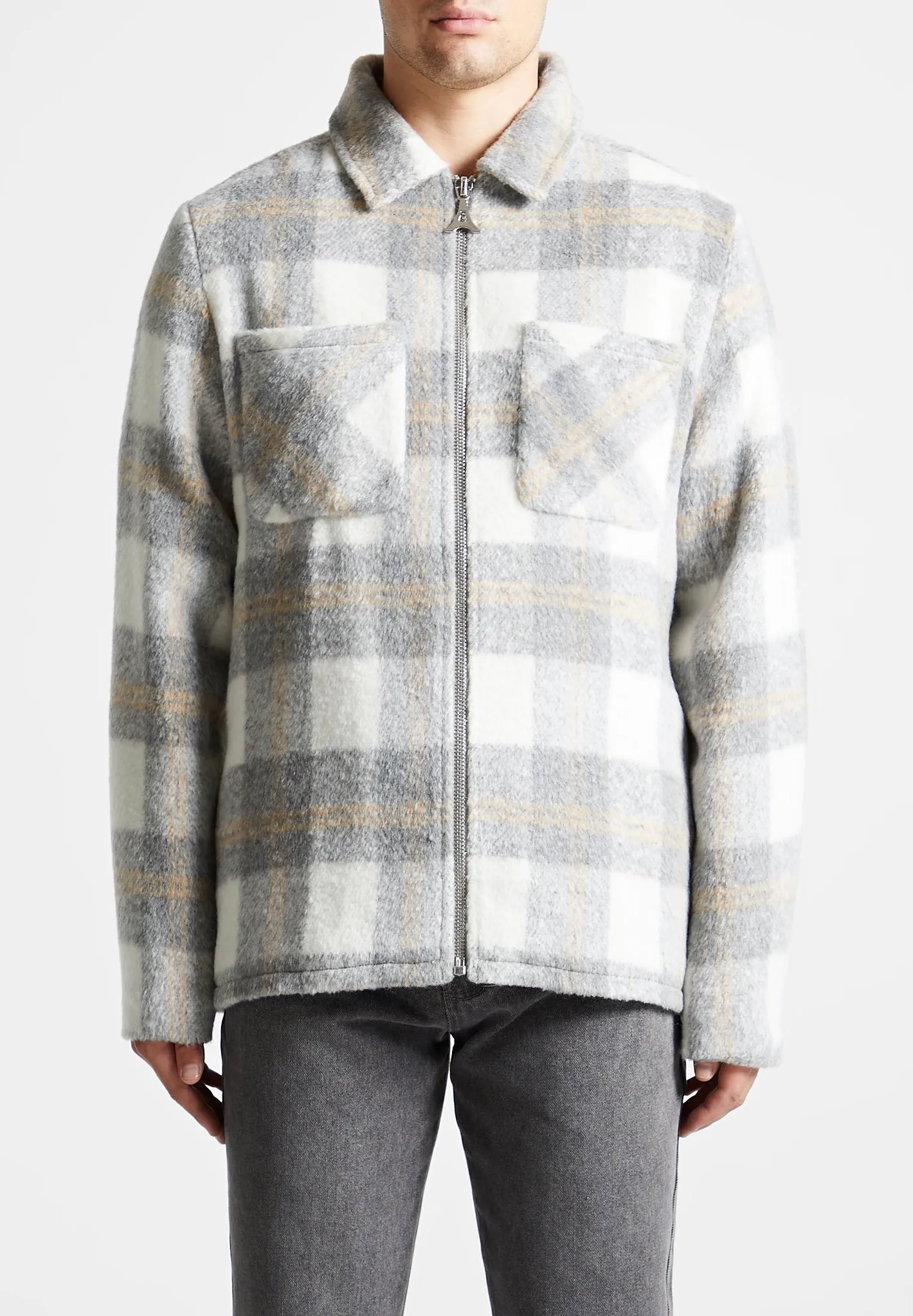 Checked Wool Shacket - Grey