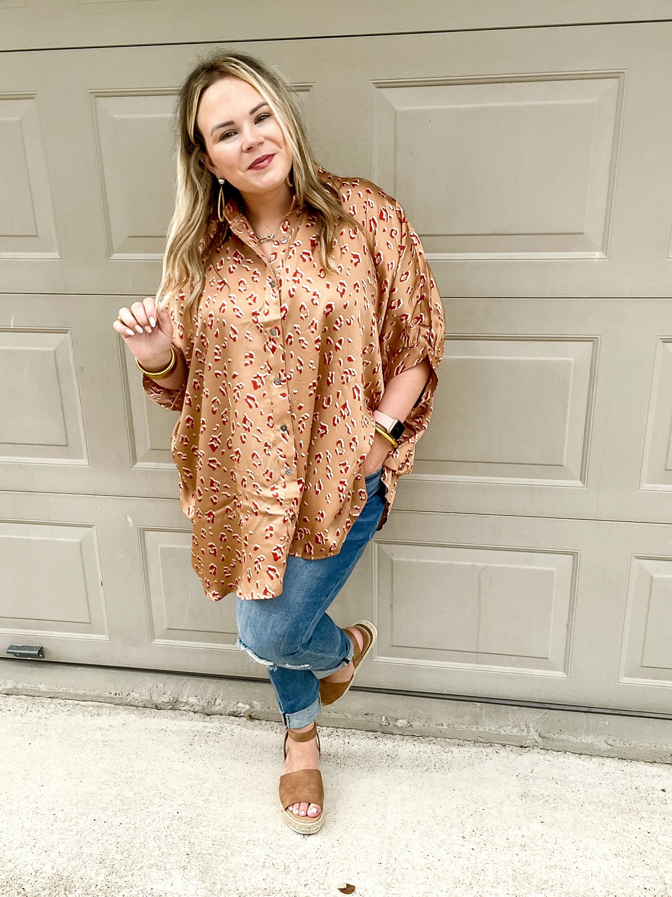 City Lifestyle Leopard Print Button Up Half Sleeve Poncho Top in Tan