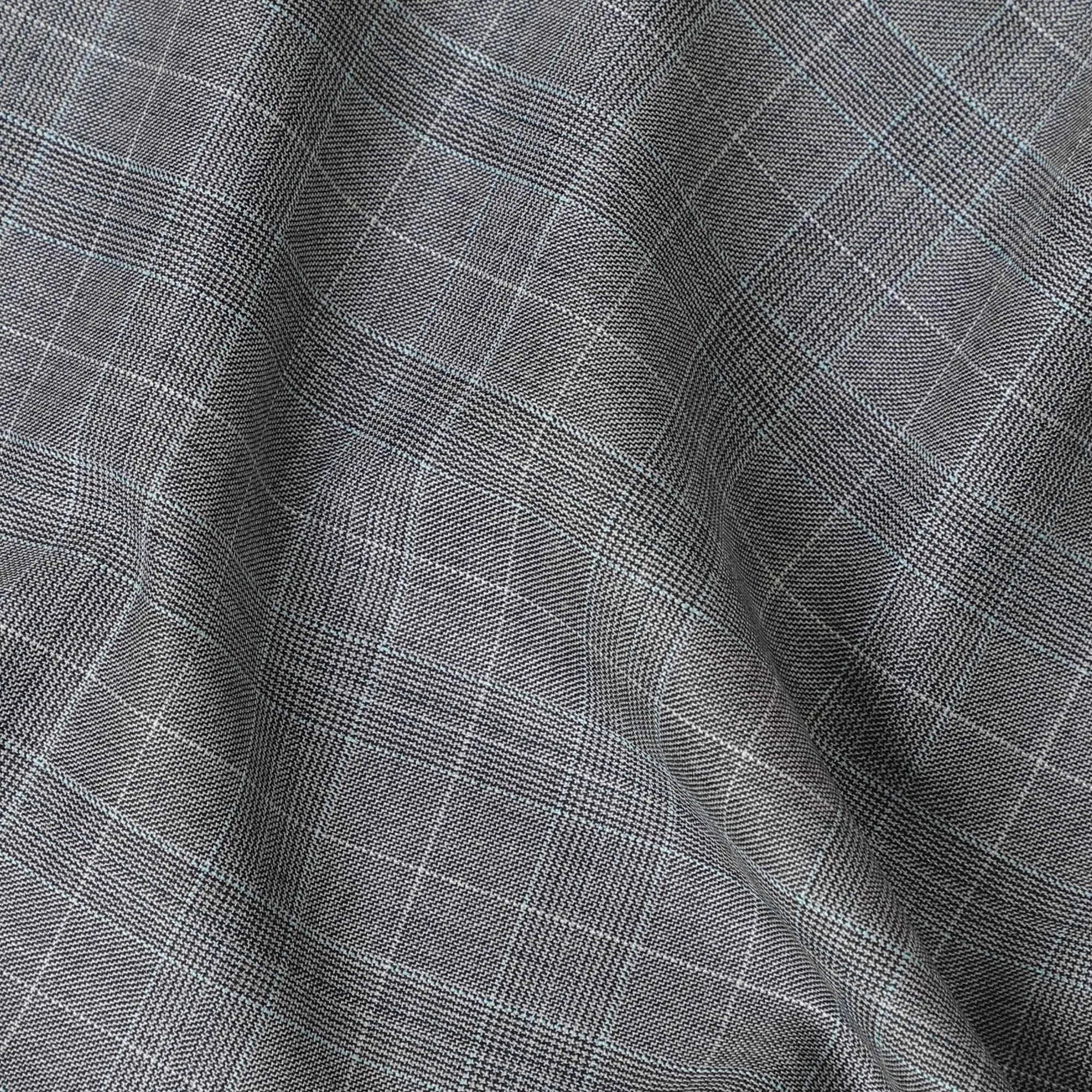 Cloud grey Premium English super 150's wool and cashmere suiting fabric with beige and baby blue checks design-D11421