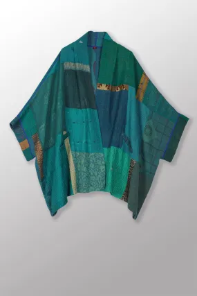 COTTON SILK SW PATCH KANTHA DOUBLE COLLAR PONCHO - ws4323-tel -