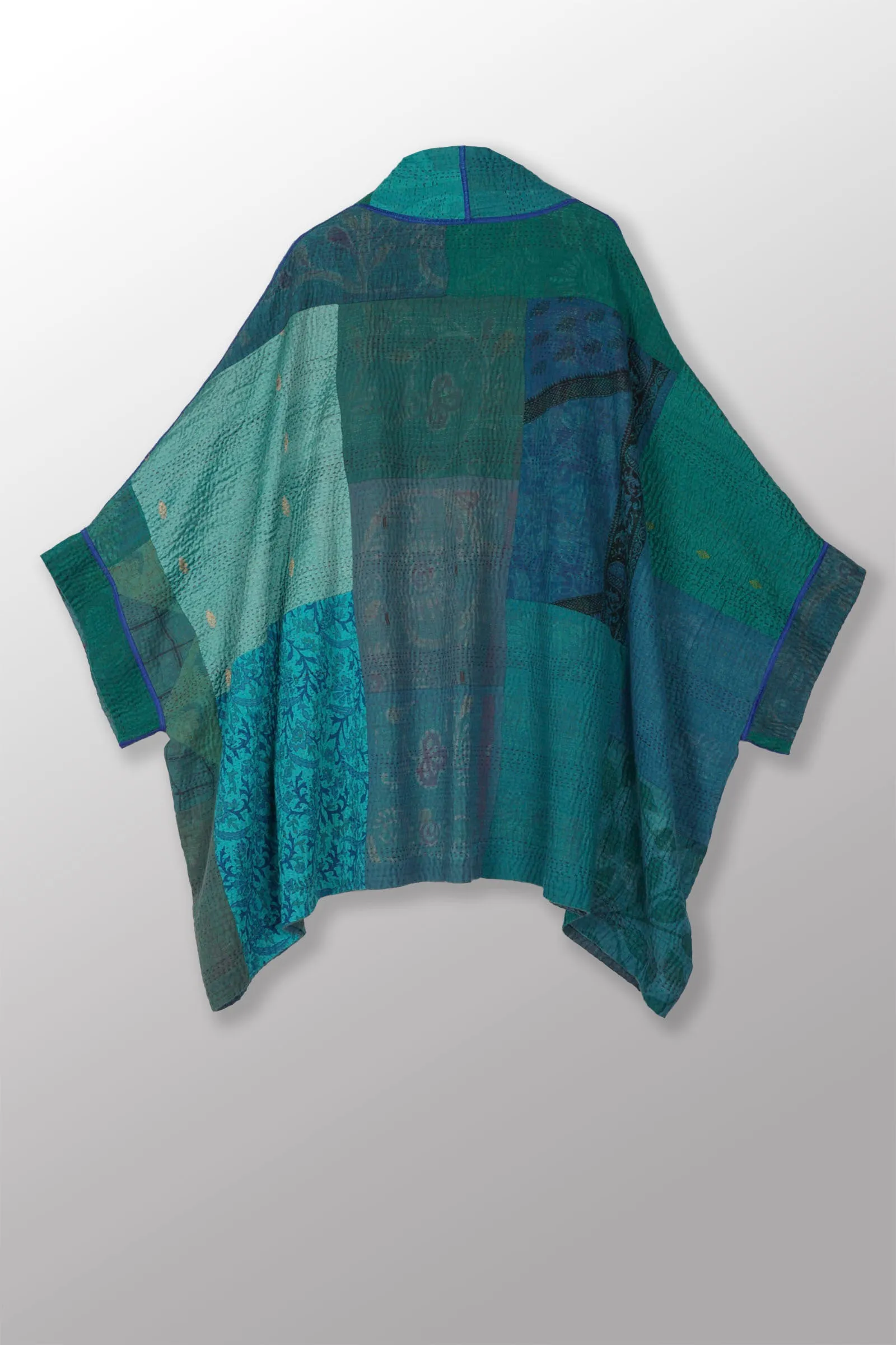 COTTON SILK SW PATCH KANTHA DOUBLE COLLAR PONCHO - ws4323-tel -