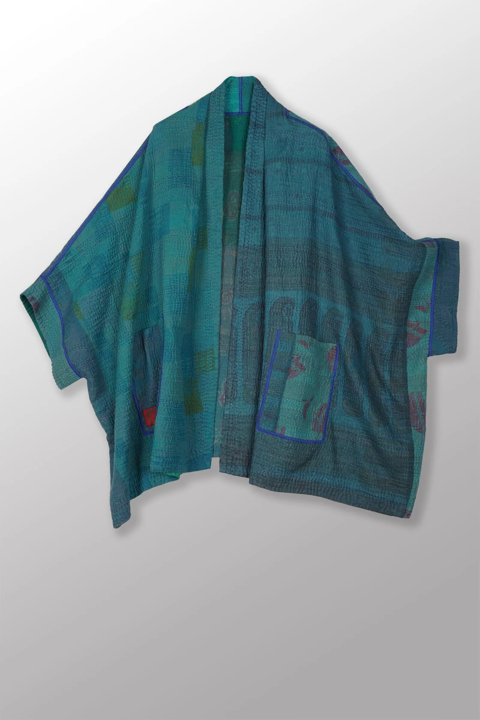 COTTON SILK SW PATCH KANTHA DOUBLE COLLAR PONCHO - ws4323-tel -