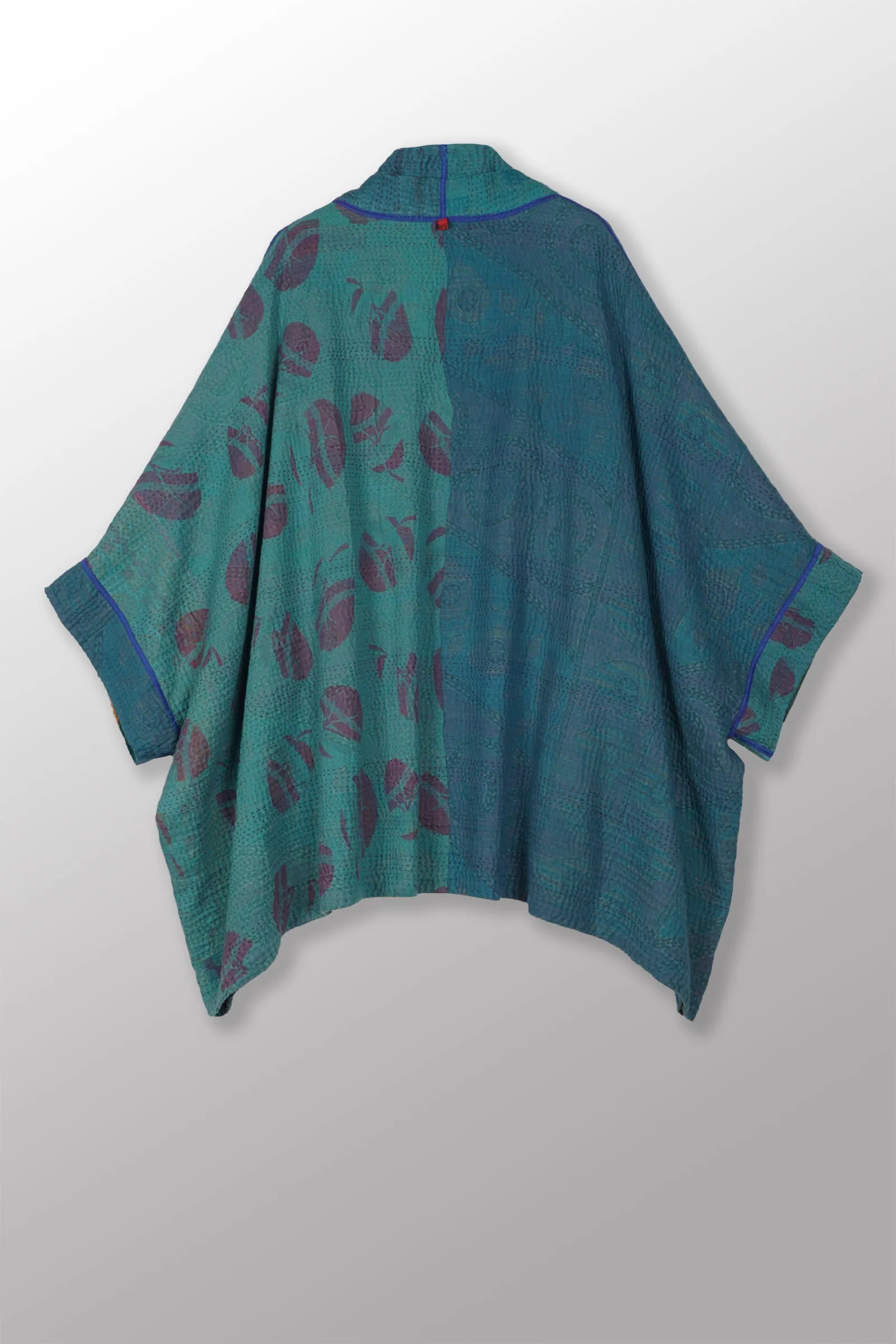 COTTON SILK SW PATCH KANTHA DOUBLE COLLAR PONCHO - ws4323-tel -