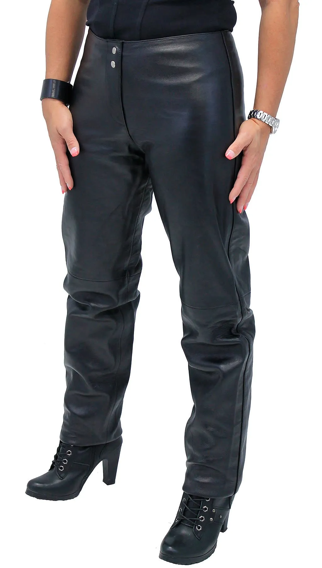 Double Snap Ladies Lambskin Leather Pants #LP3213K ()