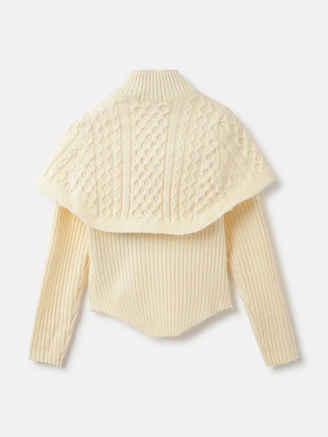 Elle Girls Cream Ribbed Round Neck Full Sleeves Sweater With Poncho