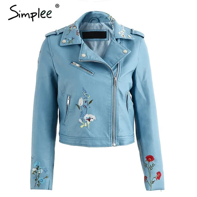 Embroidery faux leather coat Motorcycle zipper wine red leather jacket women Fashion cool outerwear winter jacket