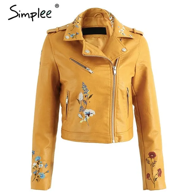 Embroidery faux leather coat Motorcycle zipper wine red leather jacket women Fashion cool outerwear winter jacket