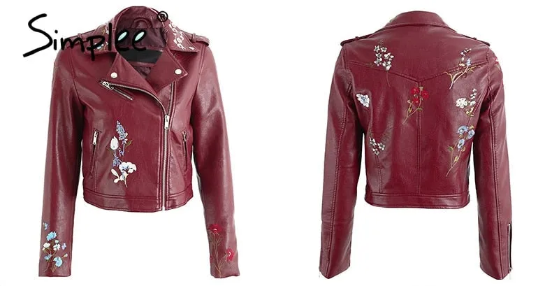 Embroidery faux leather coat Motorcycle zipper wine red leather jacket women Fashion cool outerwear winter jacket