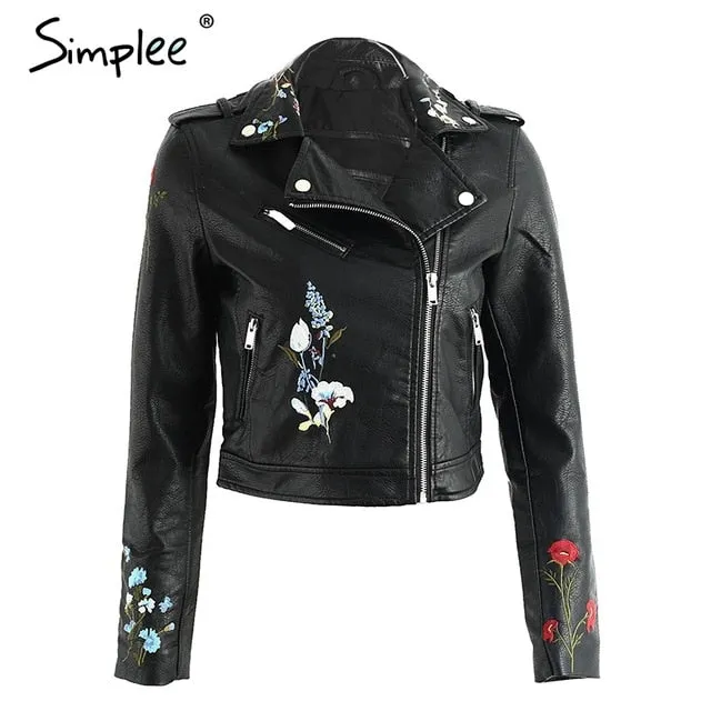 Embroidery faux leather coat Motorcycle zipper wine red leather jacket women Fashion cool outerwear winter jacket