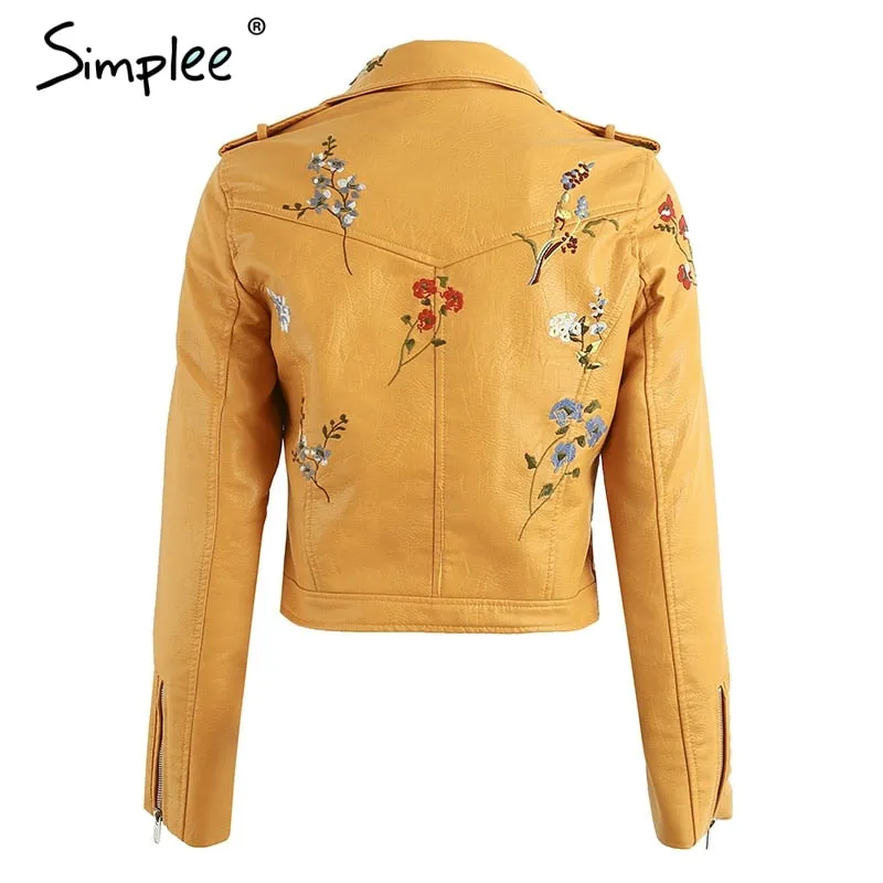 Embroidery faux leather coat Motorcycle zipper wine red leather jacket women Fashion cool outerwear winter jacket