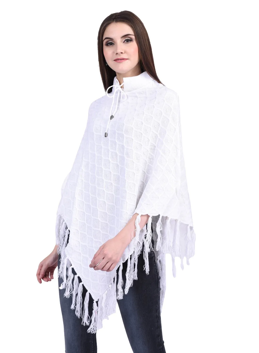 eWools Women Ladies Girls Winter Wear Round Neck Self Design Woolen Cardigans Sweaters Shrugs Latest Poncho (B2_X-Large) White