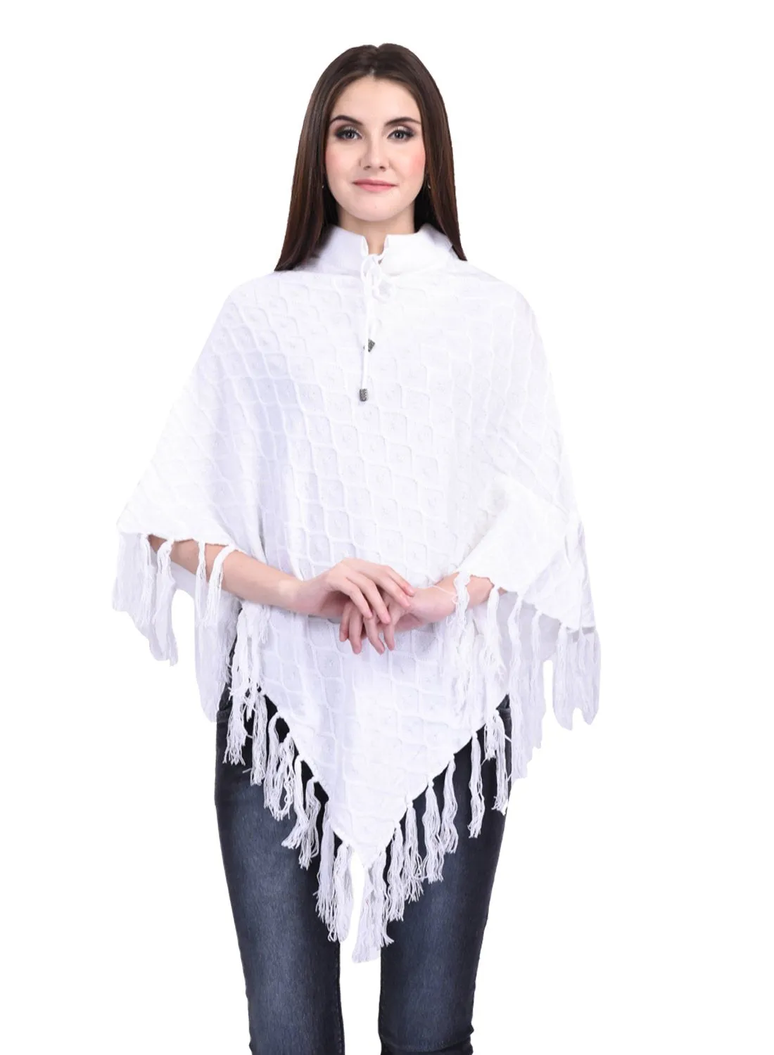 eWools Women Ladies Girls Winter Wear Round Neck Self Design Woolen Cardigans Sweaters Shrugs Latest Poncho (B2_X-Large) White