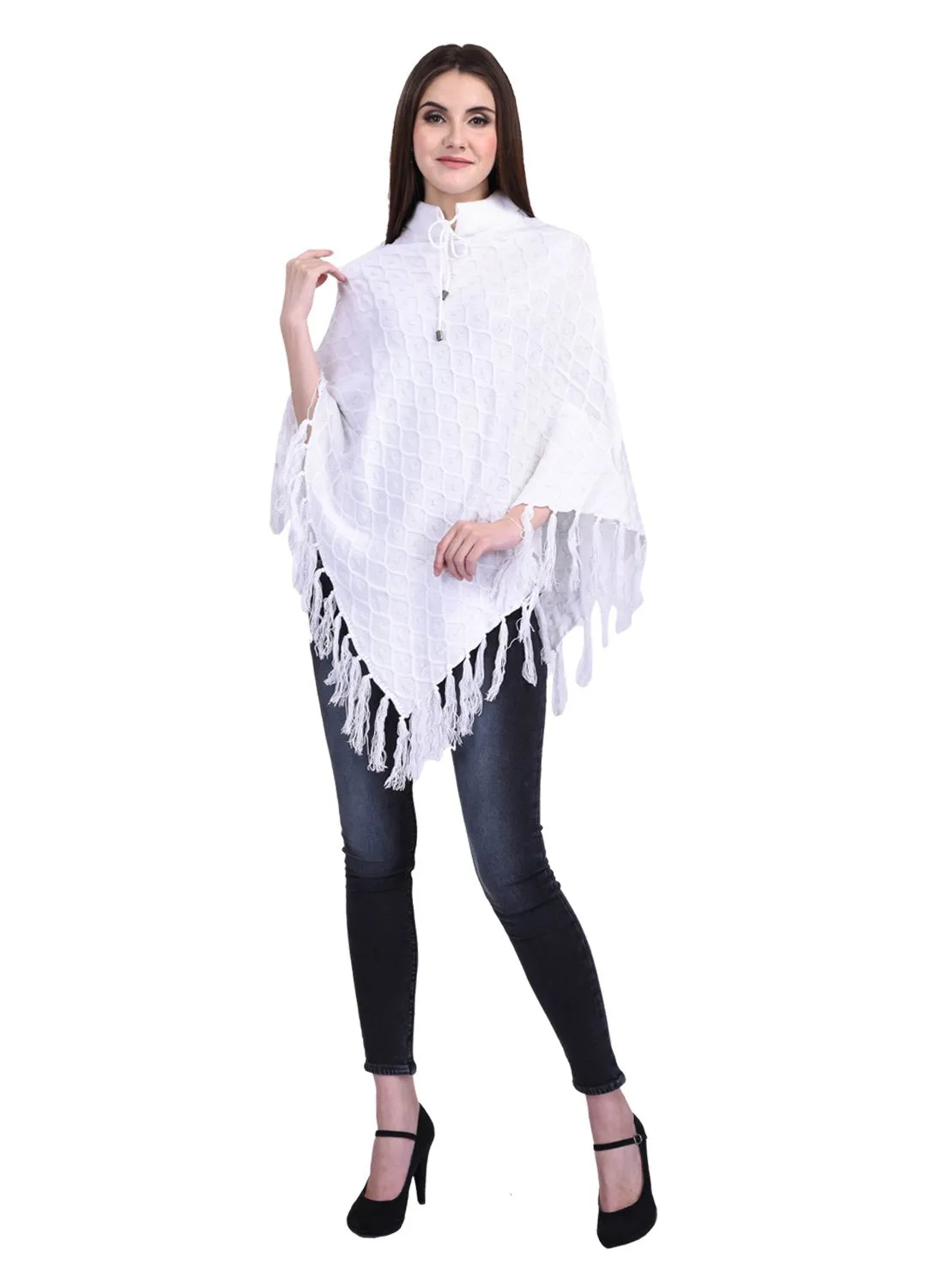 eWools Women Ladies Girls Winter Wear Round Neck Self Design Woolen Cardigans Sweaters Shrugs Latest Poncho (B2_X-Large) White