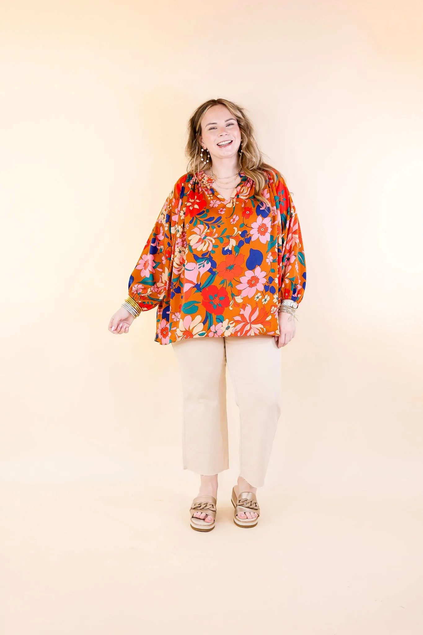 Falling For Floral 3/4 Sleeve Top with Notched Neck in Camel Brown